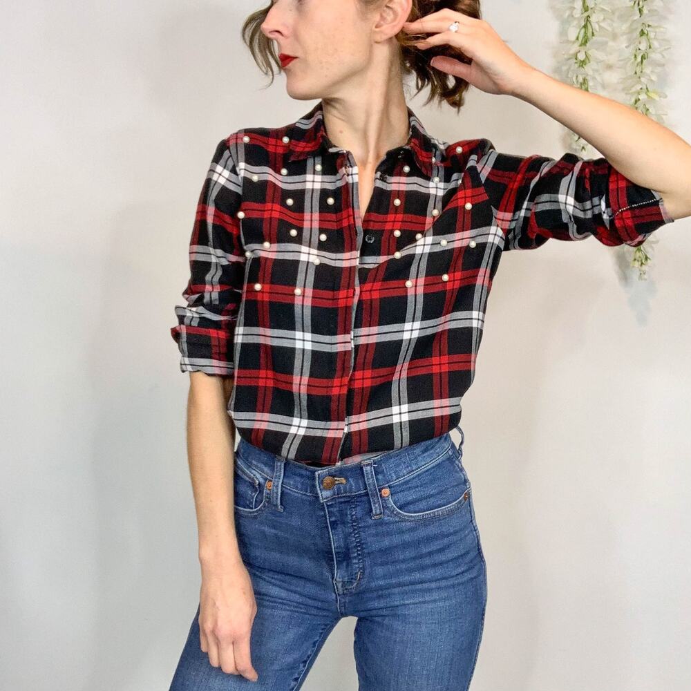 ZARA Flannel Button Down Shirt with Pearls 2267